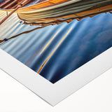 Art deco poster featuring a rowboat in muted blue tones on rolled canvas, suitable for dining room wall art.