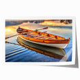 Rowboat on calm waters in soft gray and blue tones, rolled canvas print, suitable for dining room wall decor.