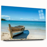 Acrylic print of a side-view rowboat in muted blue and white tones, suitable for bedroom or dining room decor.