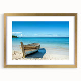 Textured art print of an abstract rowboat in muted blue and gray tones on a gold-framed canvas, suitable for bedroom decor.