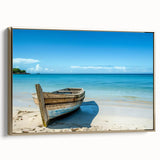 Framed canvas of vintage poster art featuring a colorful landscape with a black rowboat, ideal for living room decor.