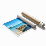 Extra large rolled print of a rowboat on calm water in muted gray and blue tones, ideal for classy bathroom wall art.