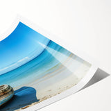 Extra large wall art featuring a rowboat on calm waters, in muted blue and gray tones, on a rolled canvas.