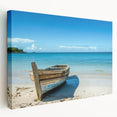 Rowboat on calm water on a stretched canvas, in muted blue and gray tones, ideal for kitchen wall art.