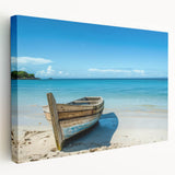 Rowboat on calm water on a stretched canvas, in muted blue and gray tones, ideal for kitchen wall art.