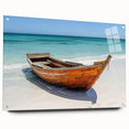 Acrylic print of a rowboat in muted blues and grays, ideal for bedroom or dining room wall decor.