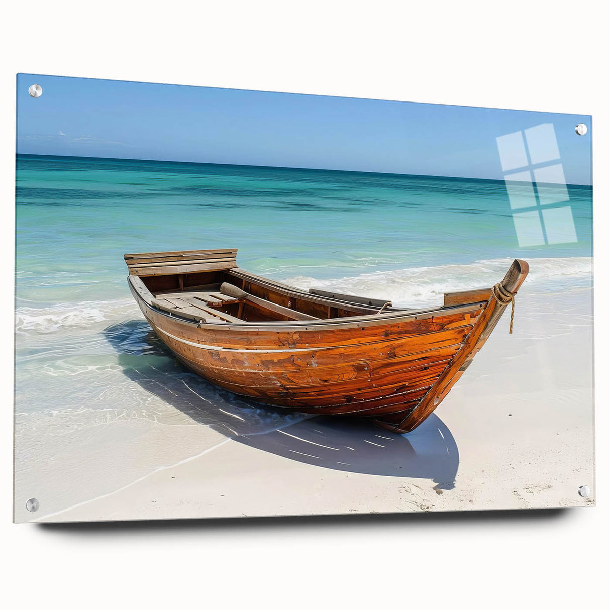 Acrylic print of a rowboat in muted blues and grays, ideal for bedroom or dining room wall decor.