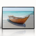 Large abstract wall art of a rowboat in muted gray and blue tones, framed acrylic print, ideal for modern living room decor.