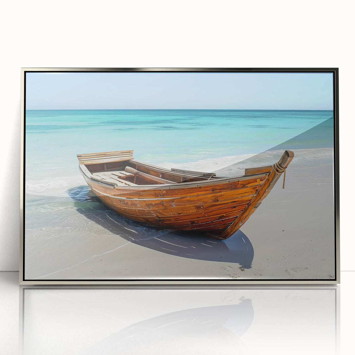 Acrylic print of a silver rowboat on water, in art deco style, ideal for modern art wall decor or nursery.