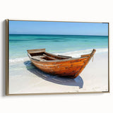 Framed canvas featuring a vintage-style landscape painting of colorful rowboats.