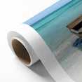 Art deco style poster of a rowboat on calm waters, using soft blue and gray tones on rolled canvas.
