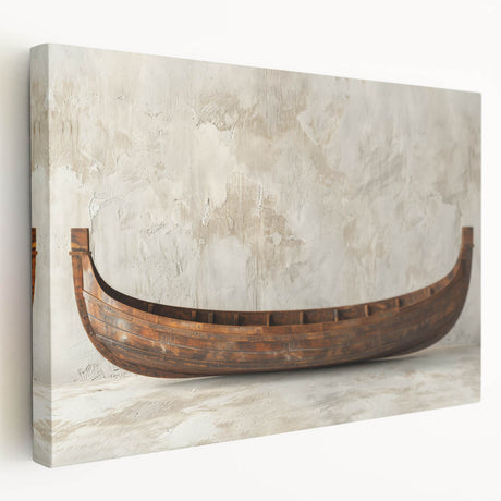 Side view of a rowboat on a stretched canvas, featuring muted earthy tones, ideal for kitchen wall art.