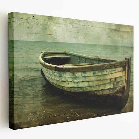 Side view of a rowboat on a stretched canvas, featuring muted earth tones, ideal for kitchen wall art.