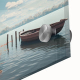 Large abstract wall art of a rowboat in muted blue tones on acrylic glass, suitable for dining room ambiance.