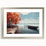 Abstract art print of a rowboat in muted blue and gray tones on framed canvas, suitable for dining room decor.