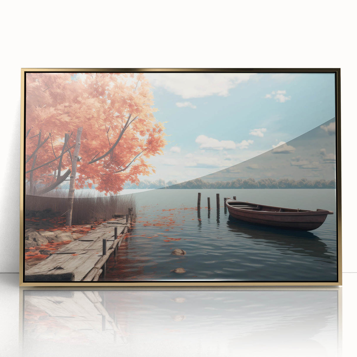 Mid-century modernist art of a rowboat in muted earth tones on a framed acrylic, ideal for nursery wall art.