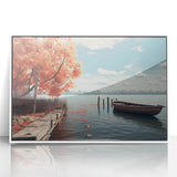 Acrylic print of a rowboat in muted gray and blue, framed in white, suitable for modern nursery decor.