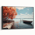 Black and white framed canvas featuring a vintage rowboat, ideal for bedroom landscape art.