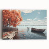 Black and white photo of a rowboat on water, printed on large stretched canvas, ideal for kitchen wall art.