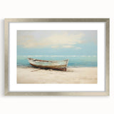 Abstract art print of a rowboat in muted blue and white tones on framed canvas, suitable for dining room decor.