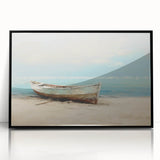 Large abstract wall art featuring a rowboat in muted blue and gray tones on a black acrylic frame.