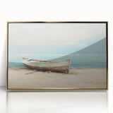 Mid-century modernist art depicting a rowboat in muted earth tones on a framed acrylic, ideal for nursery wall decor.