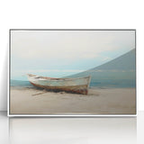 Acrylic print of a mid-century modernist rowboat, in muted blue and white tones, ideal for nursery wall art.