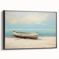 Black and white photo of a rowboat on water, framed canvas, ideal for bedroom wall art.