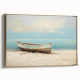 Framed canvas featuring a vintage-style rowboat on a lake, with a backdrop of muted green and blue tones.