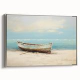 Vintage poster art of a rowboat, rendered in colorful hues on a black background, framed canvas, ideal for living room decor.