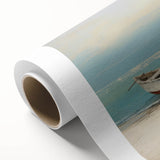 Art deco poster of a rowboat on calm waters in soft blue and gray tones, rolled canvas, ideal for nursery wall art.