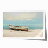 Rolled print of a rowboat on calm waters in muted blue and gray tones, ideal for dining room wall art.