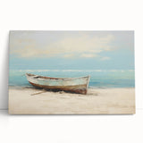 Black and white photo of a rowboat on a calm lake, printed on large stretched canvas.