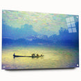 Acrylic print of a rowboat on calm waters, in muted blue and gray tones, ideal for dining room decor.