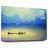 Acrylic print of a rowboat on calm waters, in muted blue and gray tones, ideal for dining room decor.