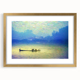 Textured abstract art print of a rowboat in muted blue tones on a gold-framed canvas, ideal for bedroom art.