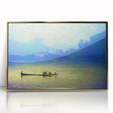 Mid-century modernist rowboat illustration in muted earth tones on a gold-framed acrylic print.