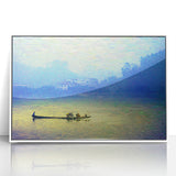 Mid-century modernist art of a rowboat in pastel blue and white tones, acrylic print framed in white.