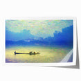 Rolled print of a rowboat on calm water in muted blue and gray tones, suitable for dining room or bathroom wall art.