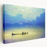 Side view of a rowboat on a stretched canvas, featuring neutral blue and gray tones, ideal for kitchen wall art.