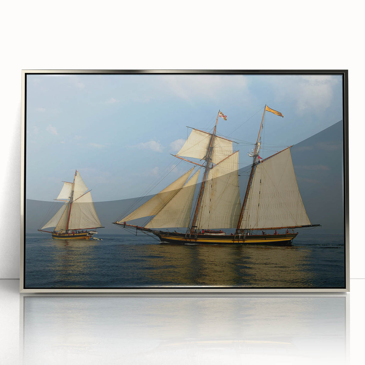 Art deco style sailboat poster in silver frame, featuring pastel blue and white tones, ideal for nursery wall decor.