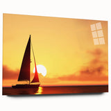 Large abstract wall art of a sailboat on acrylic glass, using blue and white tones, ideal for bedroom or dining room decor.