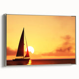 Framed vintage poster art of a sailboat with a colorful background on a silver frame.
