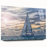 Acrylic print of a large abstract sailboat in shades of blue and white, suitable for bedroom or dining room decor.