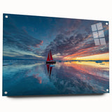 Acrylic print of a large abstract sailboat in blue and white tones, suitable for bedroom or dining room decor.