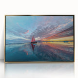 Mid-century modernist sailboat art in acrylic print with gold frame, featuring soft pastel hues, ideal for nursery wall art.