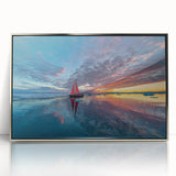 Framed acrylic print of an art deco style sailboat in muted blue and silver tones, ideal for modern art wall decor.