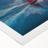 Art deco-style sailboat poster in soft pastel shades on rolled canvas, suitable for dining room wall art.