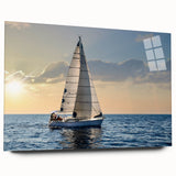 Acrylic print of a large abstract sailboat in muted blue and white tones, ideal for bedroom or dining room art.