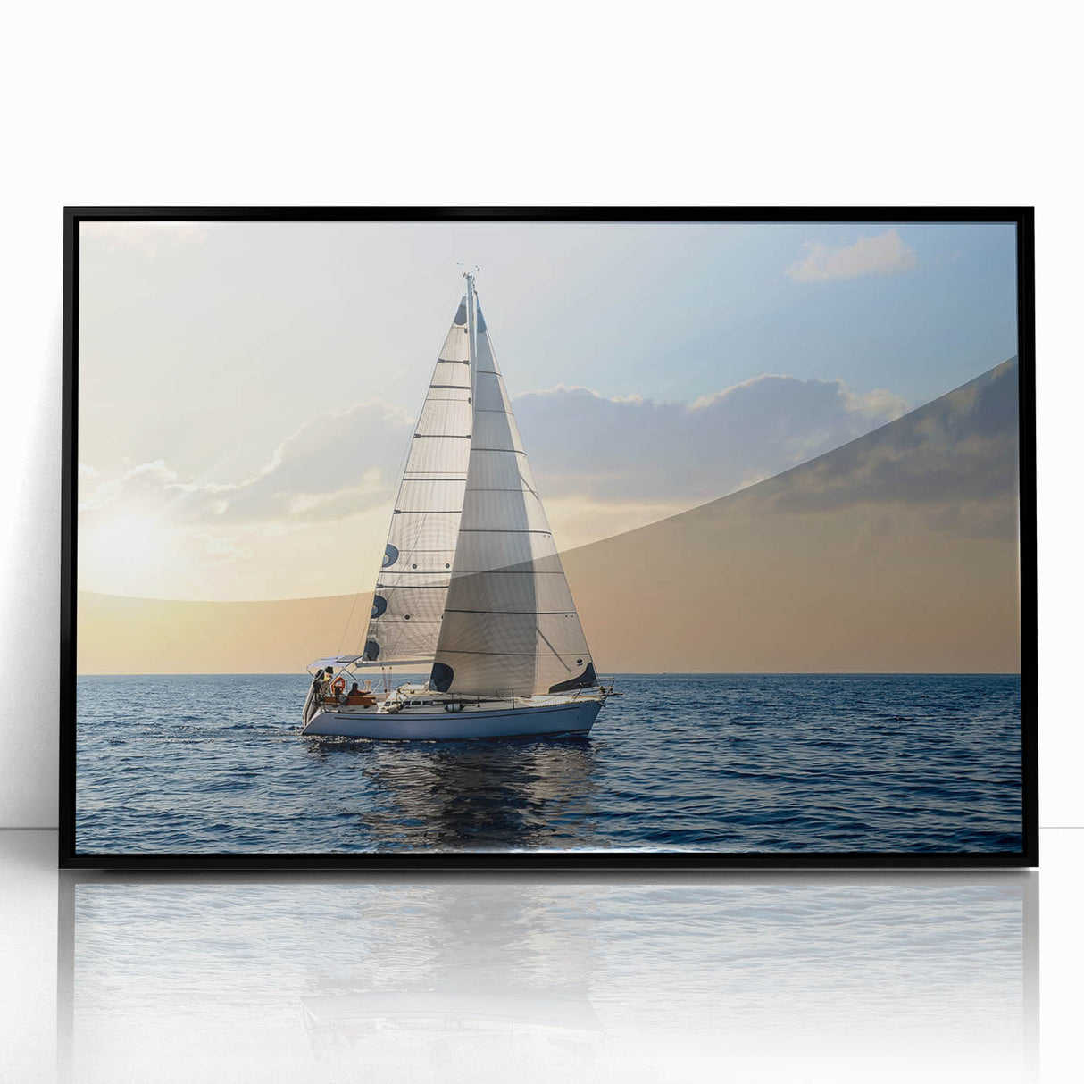 Large abstract wall art of a sailboat, using muted blue and white tones, framed in black acrylic.